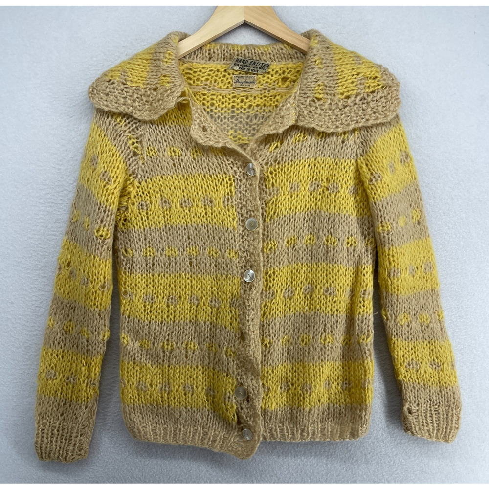 MACY ASSOCIATES Cardigan S Mohair Wool Hand Knitted Striped Button Up Yellow VTG